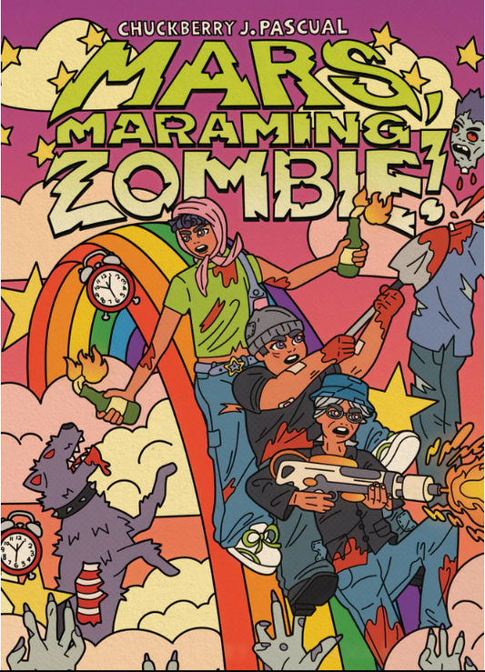 Cover of 'Mars Maraming Zombie!' by Chuckberry Pascual showing the main characters fighting zombies while sliding down a rainbow.